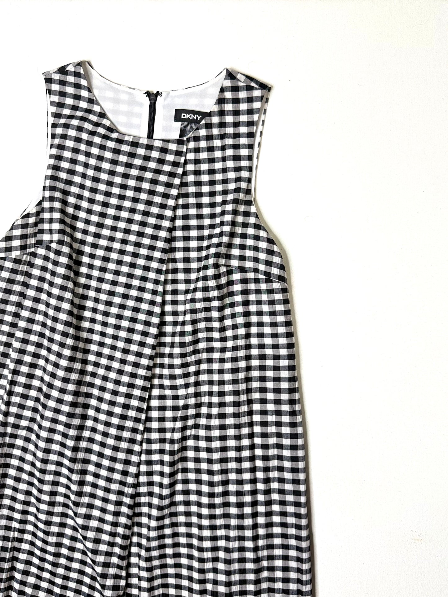 DKNY Black & White Gingham Shift Dress Size 4 Sleeveless Checkered Cotton Blend Mini Dress