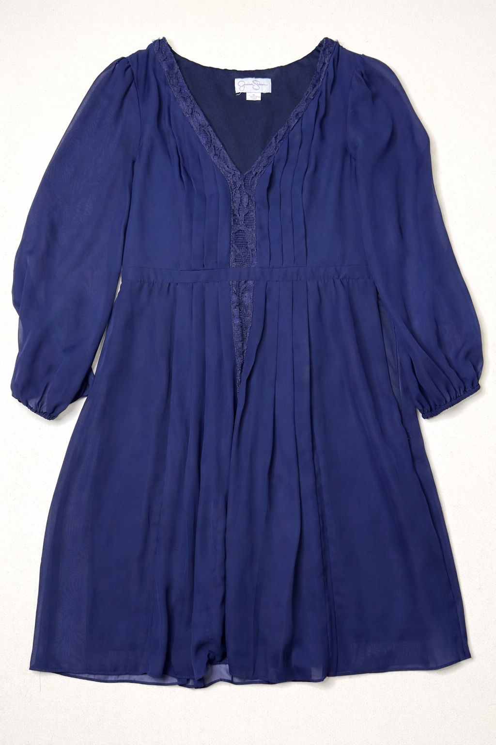 Jessica Simpson Blue Chiffon Lace Trim Mini Dress Pleated Long Sleeve Boho Sizer 8