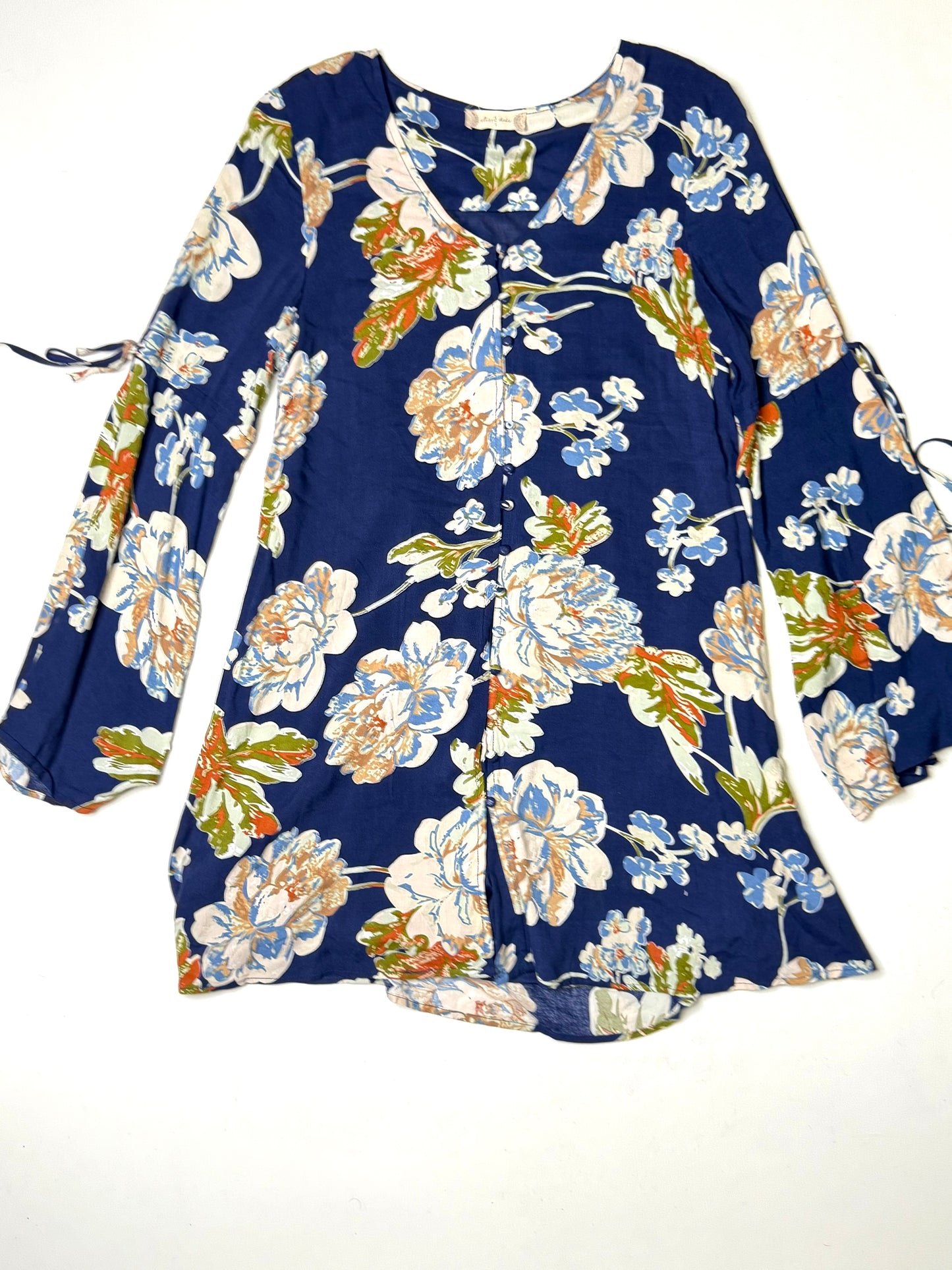 Altar’d State Blue Floral Button Front Bell Sleeve Blouse Boho Romantic Dress Size Small