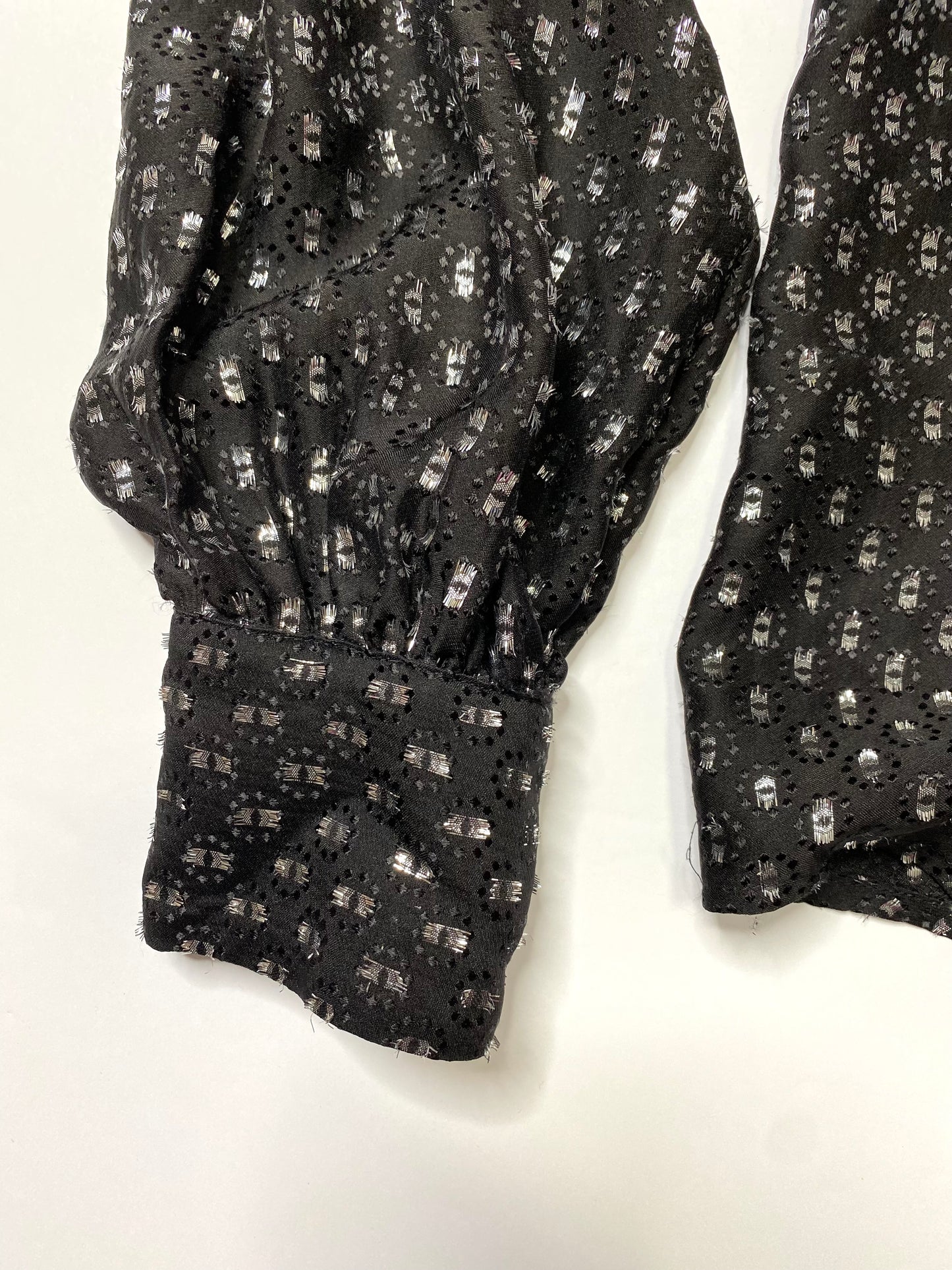 Paige Black & Silver Bow Tie Blouse – Long Sleeve, 90% Silk, Size Small