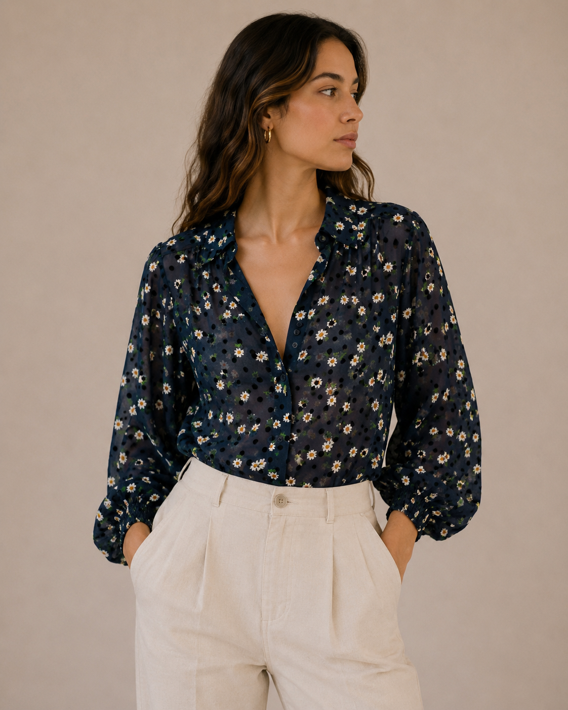 Topshop Daisy Print Sheer Blouse Blue Floral Polka Dot Button Front Long Sleeve Top Size 6