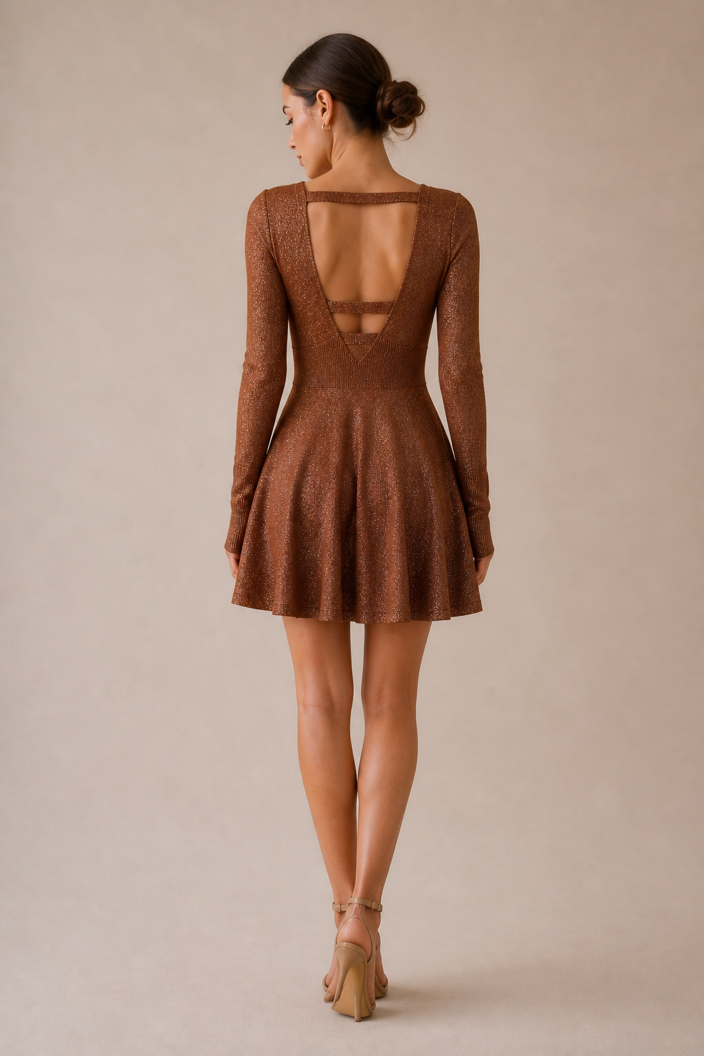 Free People Metallic Copper Knit Fit & Flare Long Sleeve Dress Size XS
