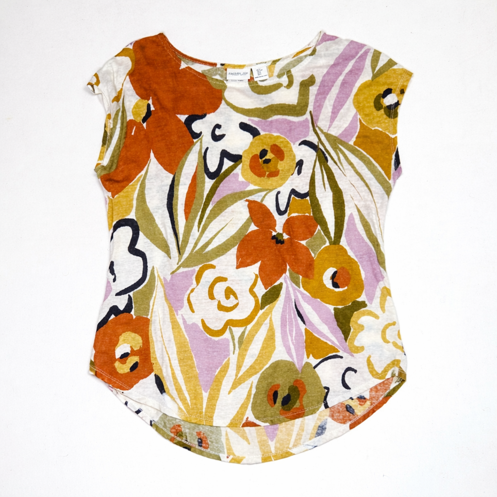 Rachel Zoe Multicolor Floral 100% Linen Blouse Cap Sleeve Size Large