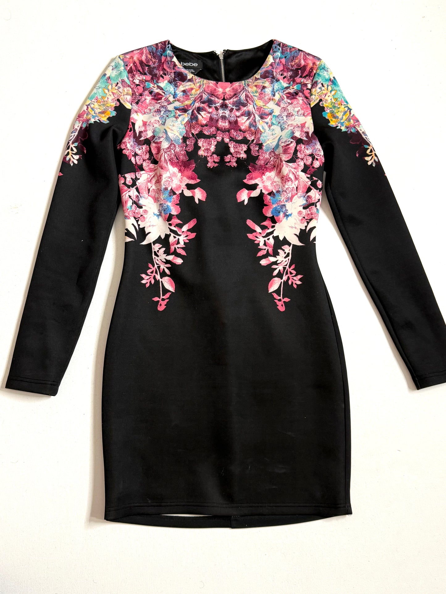 Bebe Black Bodycon Floral Print Dress Long Sleeve Zip Back Size XS