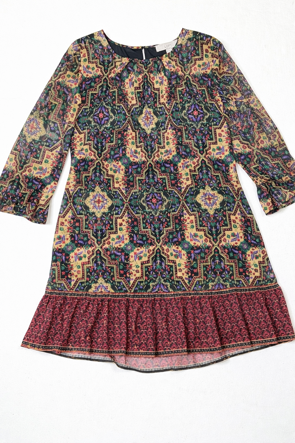 LOFT Boho Floral Geometric Print Drop Waist Dress Ruffle Hem Long Sleeve Size M