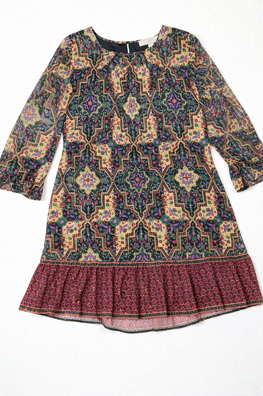 LOFT Boho Floral Geometric Print Drop Waist Dress Ruffle Hem Long Sleeve Size M