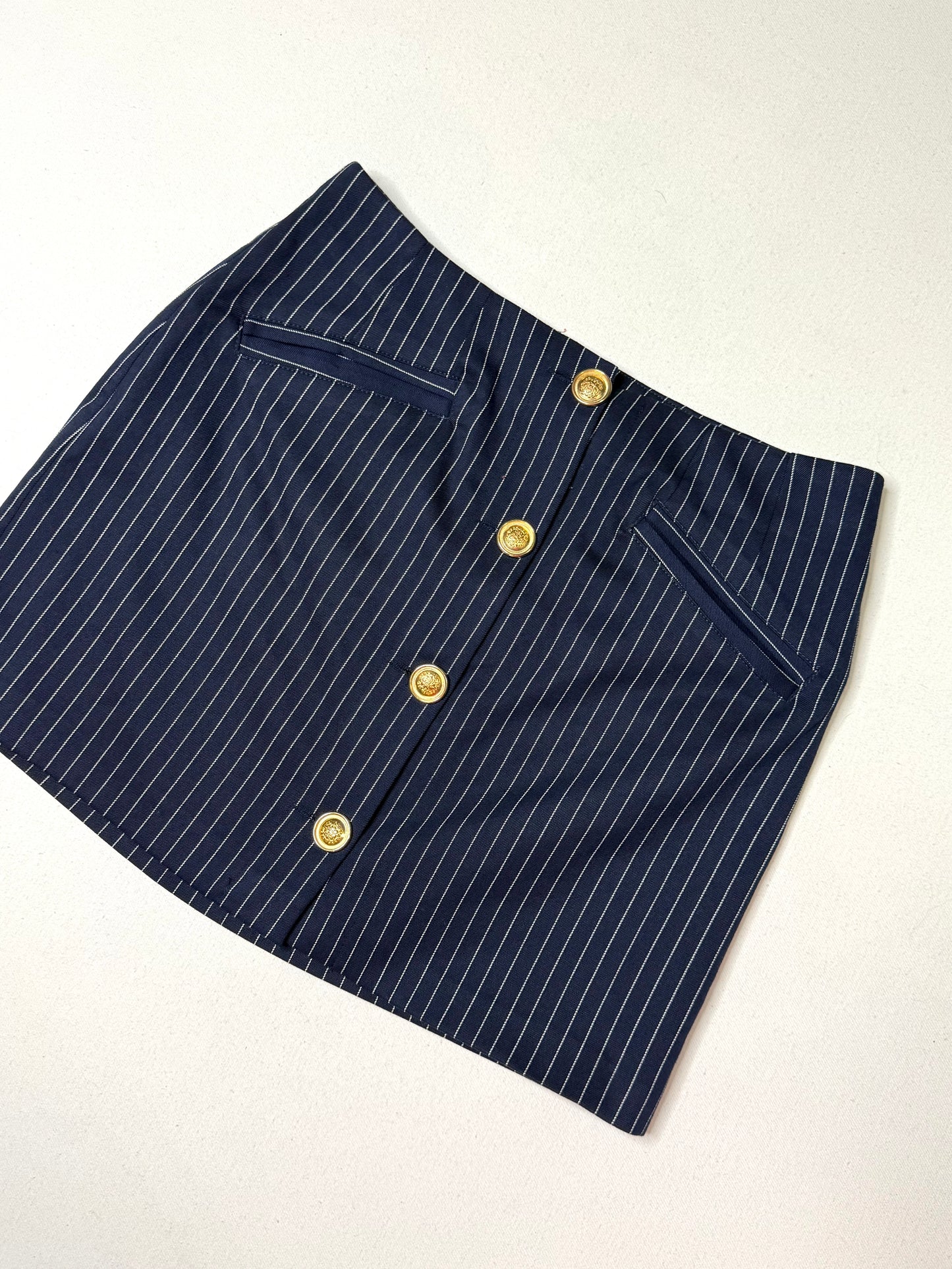 Nasty Gal Navy Pinstripe Mini Skirt Gold Button Front Preppy Academia Size 4
