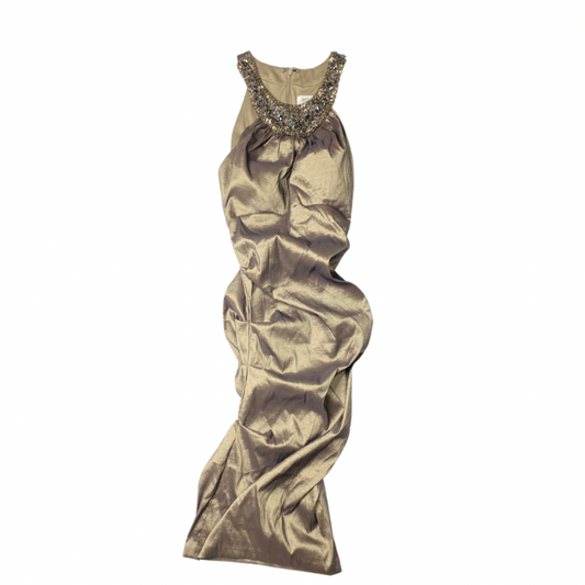 Cache Metallic & Bronze Ruched Formal Dress – Sleeveless with Beaded Embellished Collar