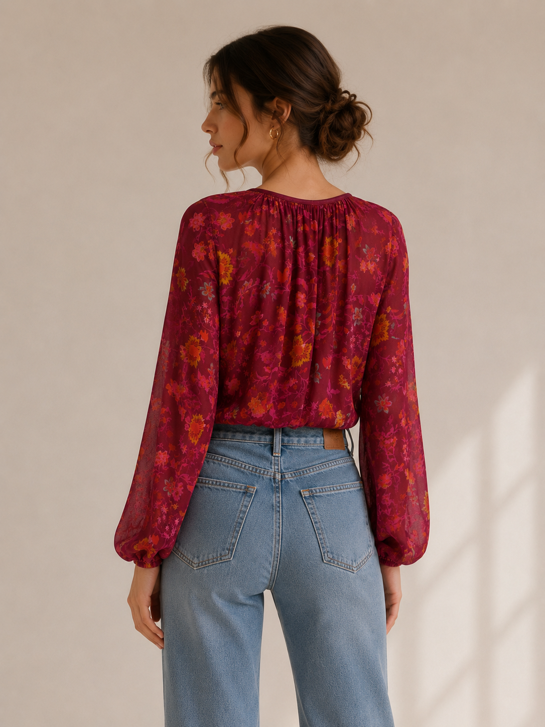 Free People Floral Peasant Boho Ballon Sleeve Blouse - Berry Size Extra Small