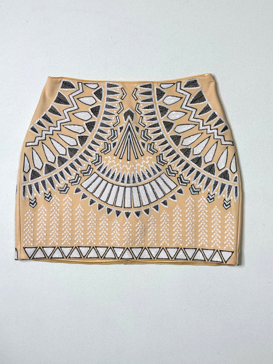 Bebe Nude Sequin Beaded Mini Skirt Size 8 Geometric Tribal Bodycon Party Glam