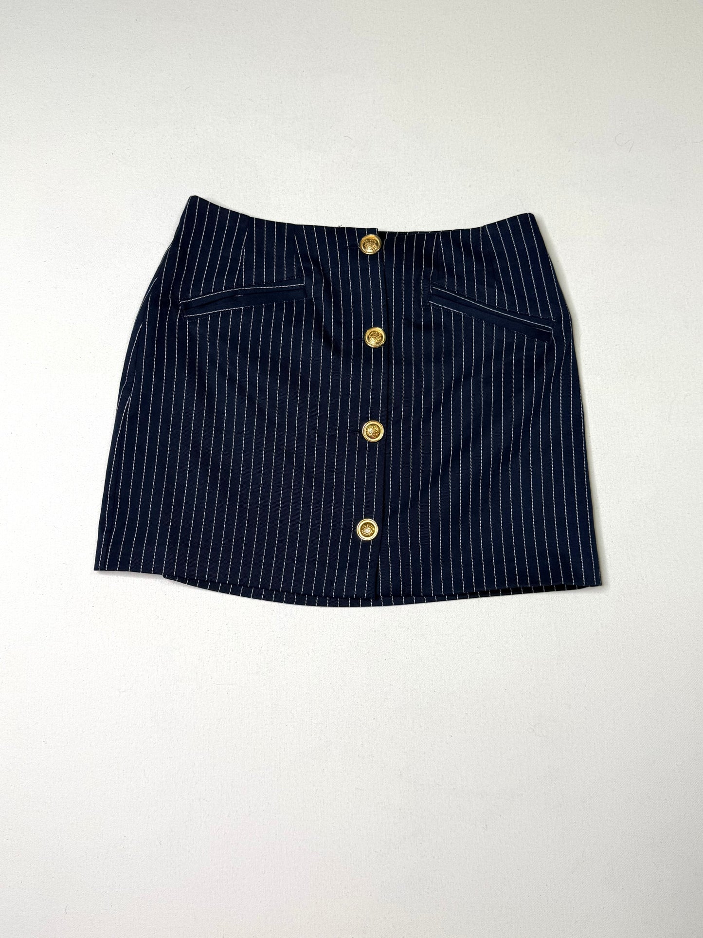 Nasty Gal Navy Pinstripe Mini Skirt Gold Button Front Preppy Academia Size 4