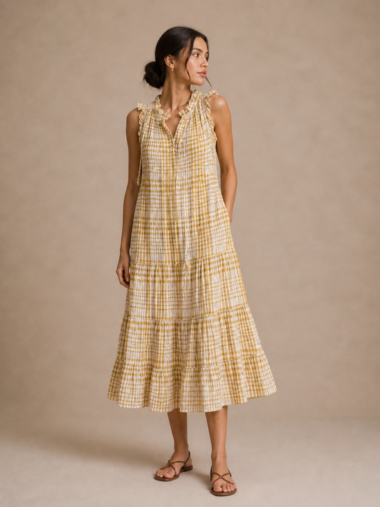 Max Studio Yellow Plaid Tiered Tie-Front Dress Size Small