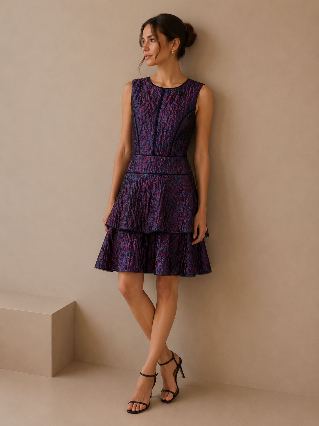 BCBGMAXAZRIA Metallic Jacquard Tiered Fit & Flare Dress Size 4 Purple