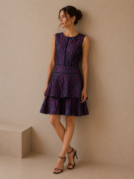 BCBGMAXAZRIA Metallic Jacquard Tiered Fit & Flare Dress Size 4 Purple