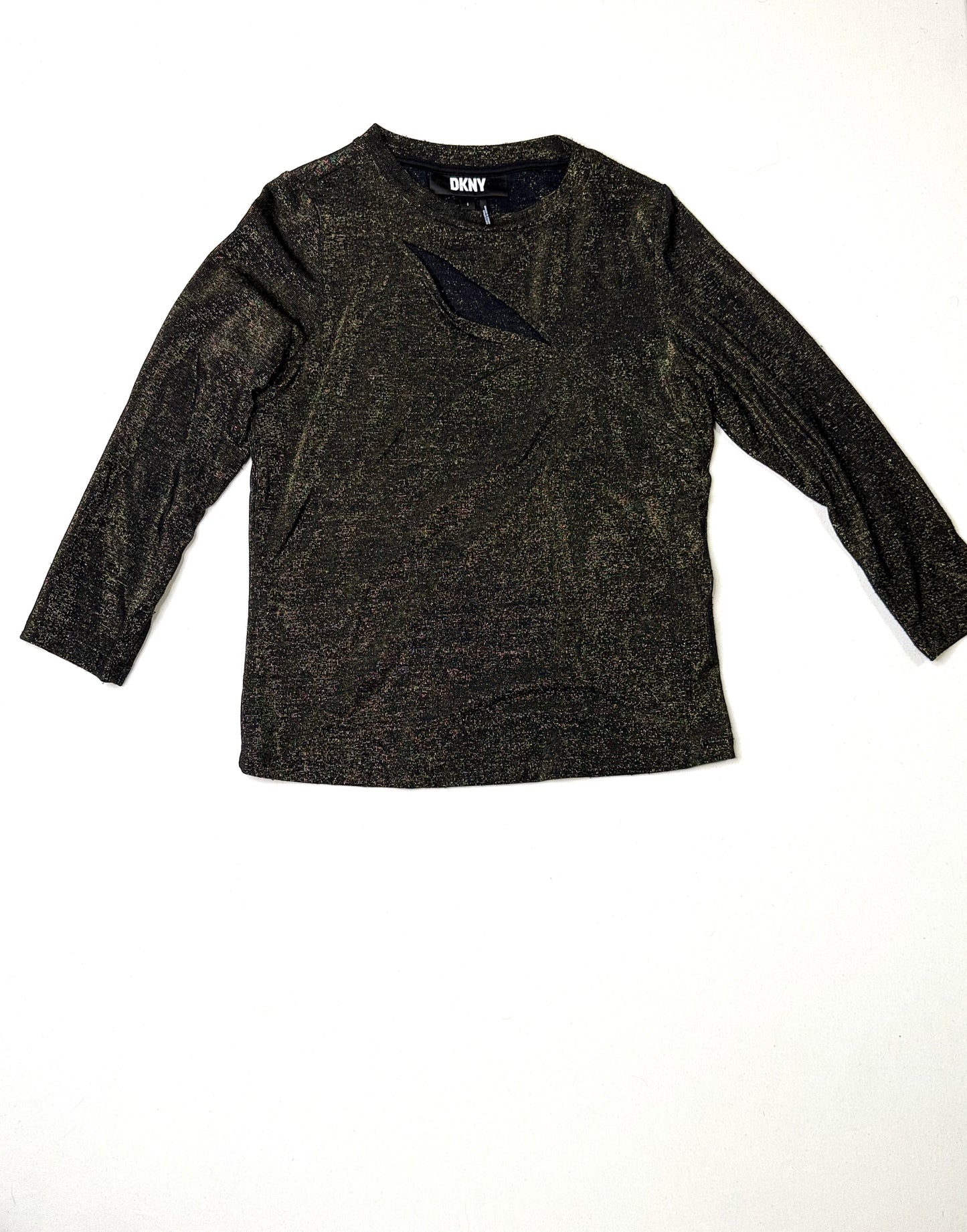 DKNY Y2K Metallic Gold Shimmer Cutout Top with Long Sleeves Size Small