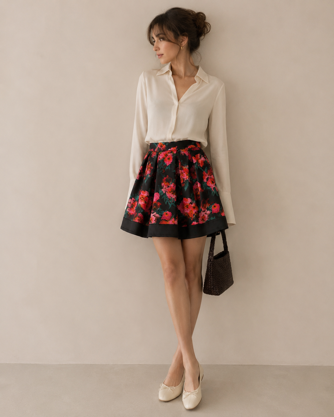 French Connection Black and Pink Floral Skater Skirt with Pockets Size 8
