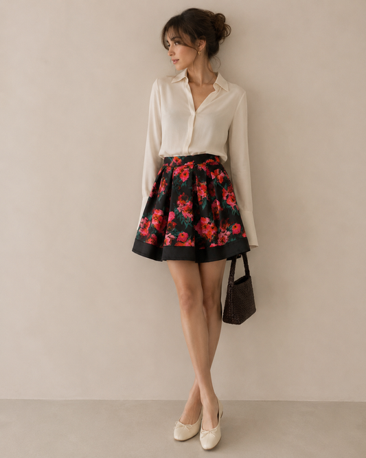 French Connection Black and Pink Floral Skater Skirt with Pockets Size 8