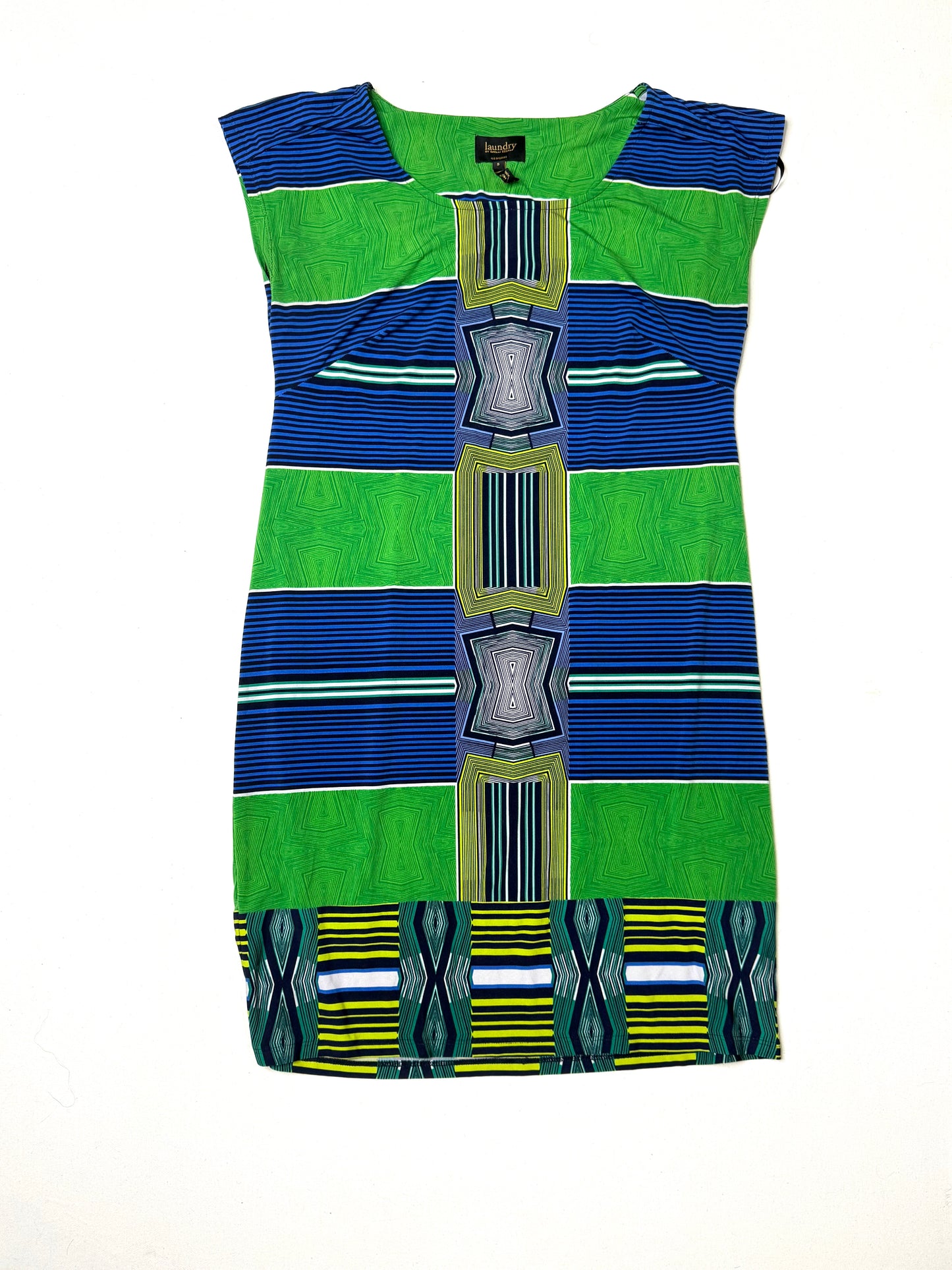 Laundry By Shelli Segal Green and Blue Geometric Cap Sleeve Shift Dress Size S
