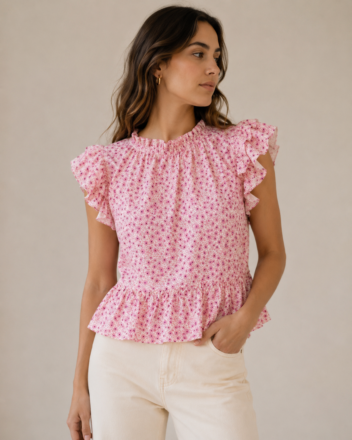 Hudson Gray Floral Ruffle Sleeve Pink Peplum Blouse Size Small