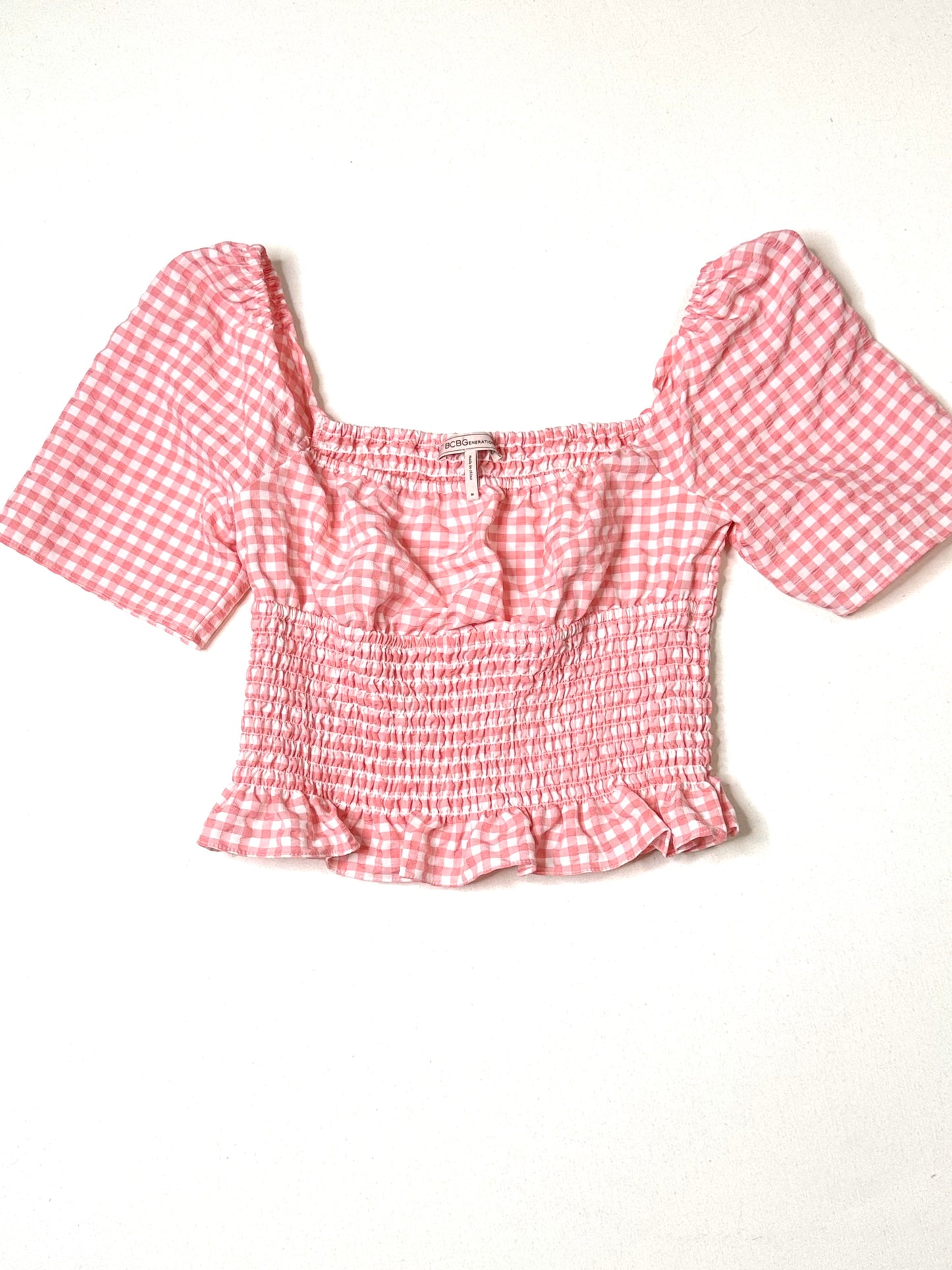 BCBGeneration Pink Gingham Smocked Crop Top Puff Sleeve Women’s Size M