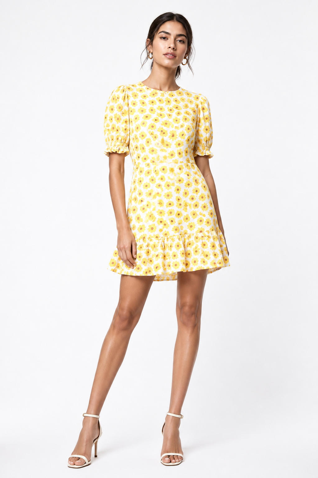 Faithful the Brand Yellow Floral Print Puff Sleeve Ruffle Hem Dress Size 2