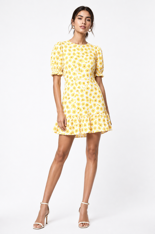 Faithful the Brand Yellow Floral Print Puff Sleeve Ruffle Hem Dress Size 2