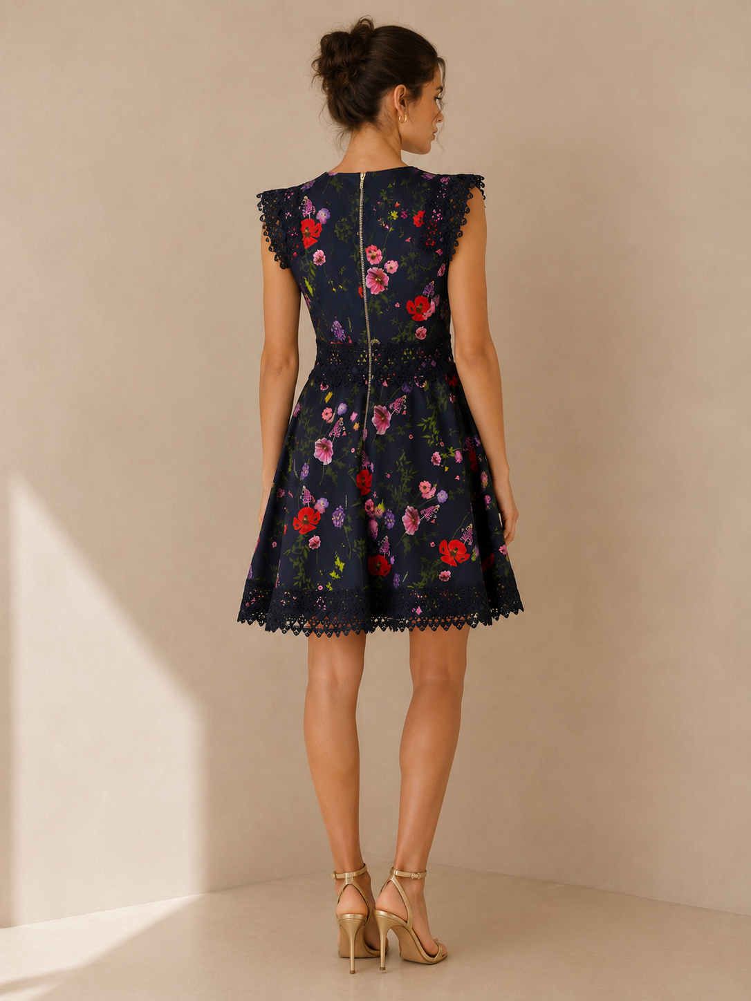Ted Baker Blue Floral Print Plunge A-Line Dress Lace Trim w/Pockets Size 2