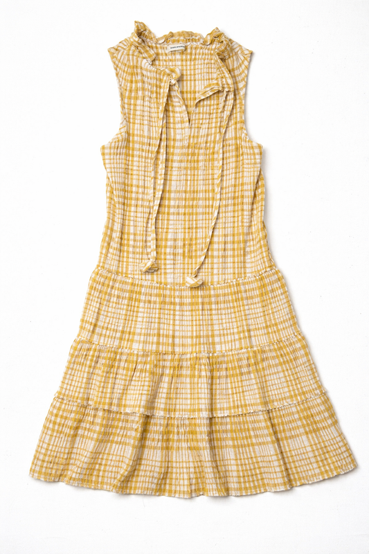 Max Studio Yellow Gingham Tiered Ruffle Dress Sleeveless Plaid Boho Cottagecore Mini Dress Size Small