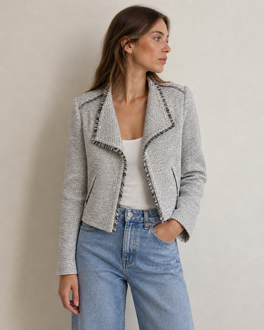 LOFT Black & White Fringe Tweed Open Blazer Jacket Size 4