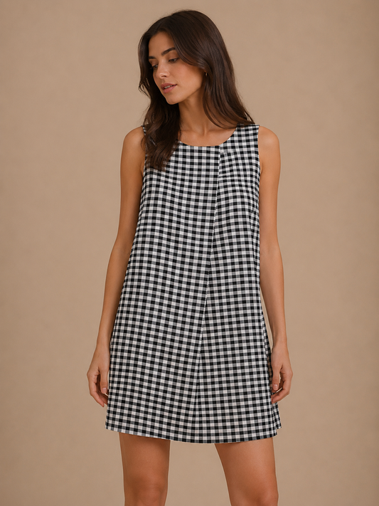 DKNY Black & White Gingham Shift Dress Size 4 Sleeveless Checkered Cotton Blend Mini Dress