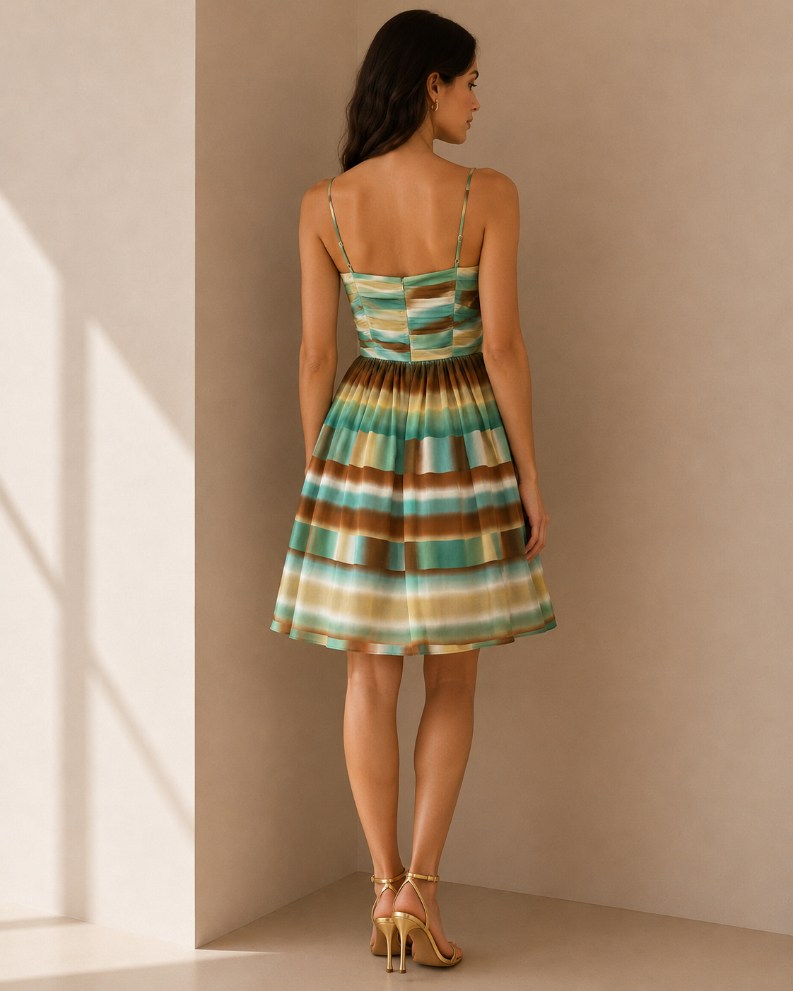BCBG Green and Brown 100% Silk Pleated Sundress