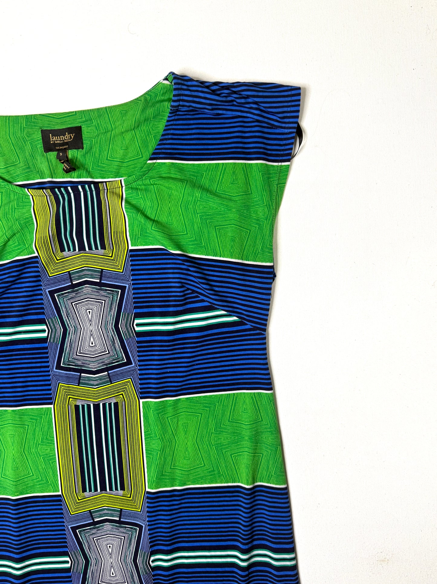 Laundry By Shelli Segal Green and Blue Geometric Cap Sleeve Shift Dress Size S