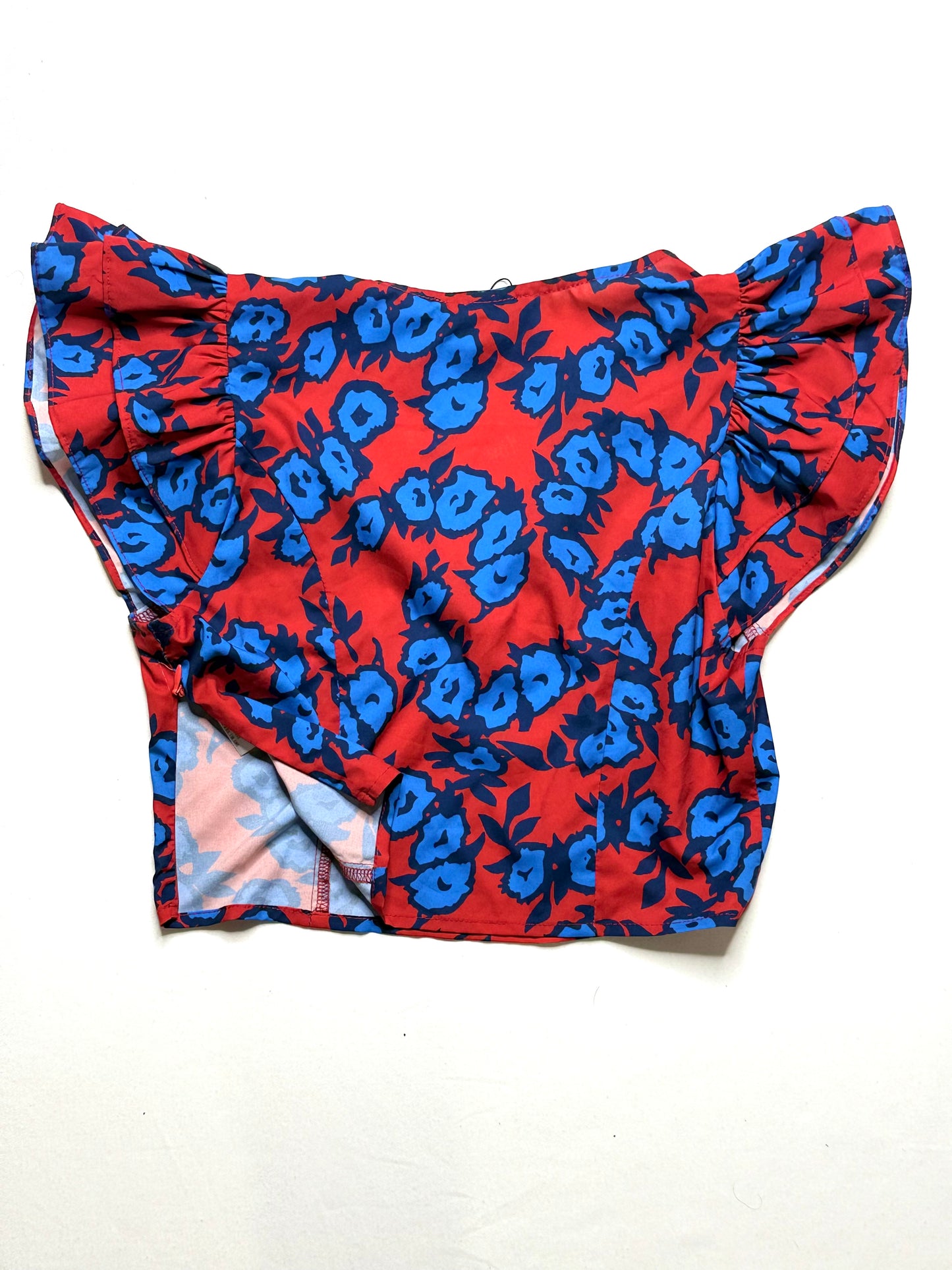 Sugar Lips Mira Mar Floral Ruffle Shoulder Crop Top – Red/Blue, Size S, NWT