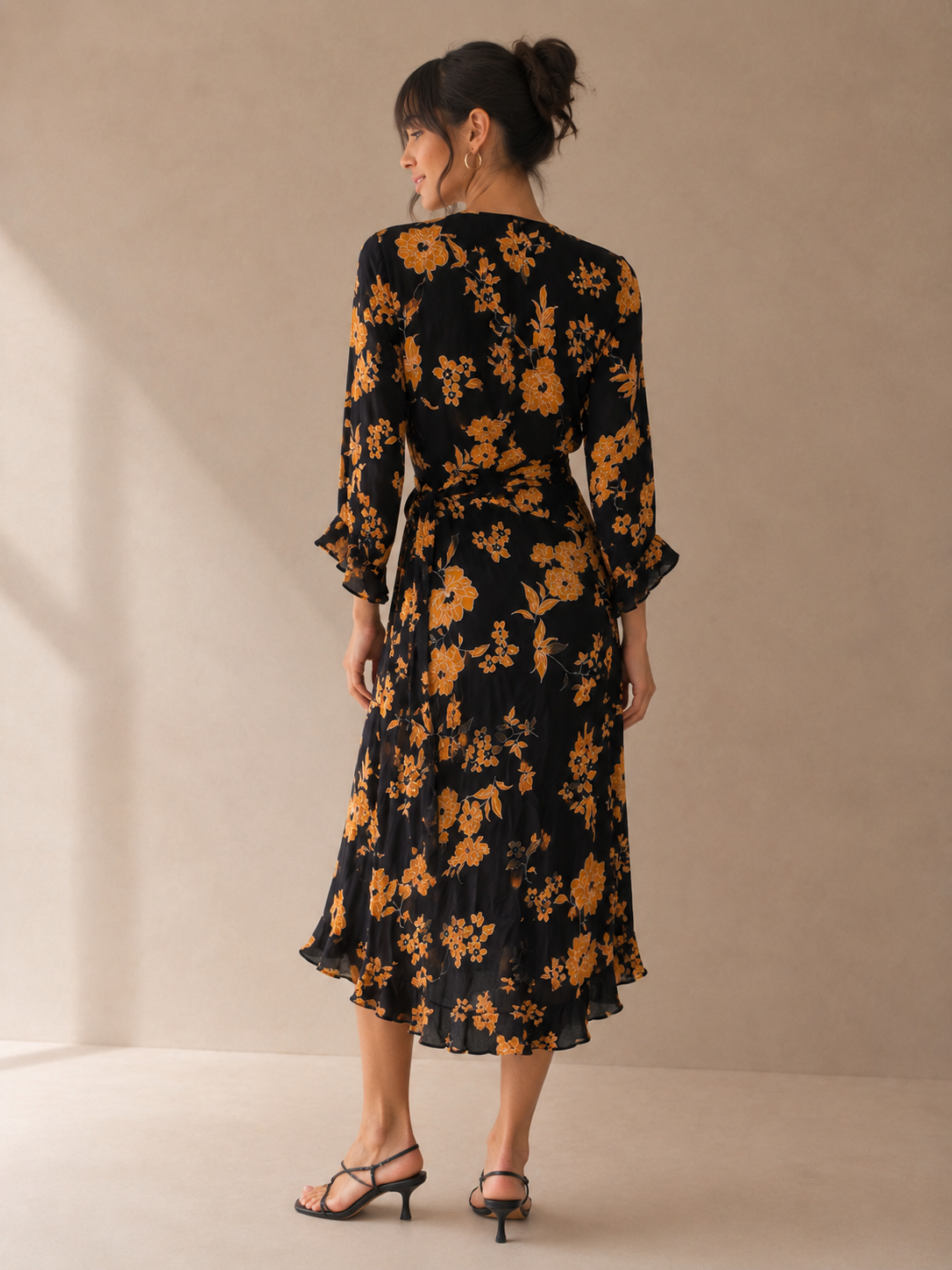 Miss Selfridge Floral Wrap Midi Dress Black Orange Ruffle Sleeve Boho Dress Size US