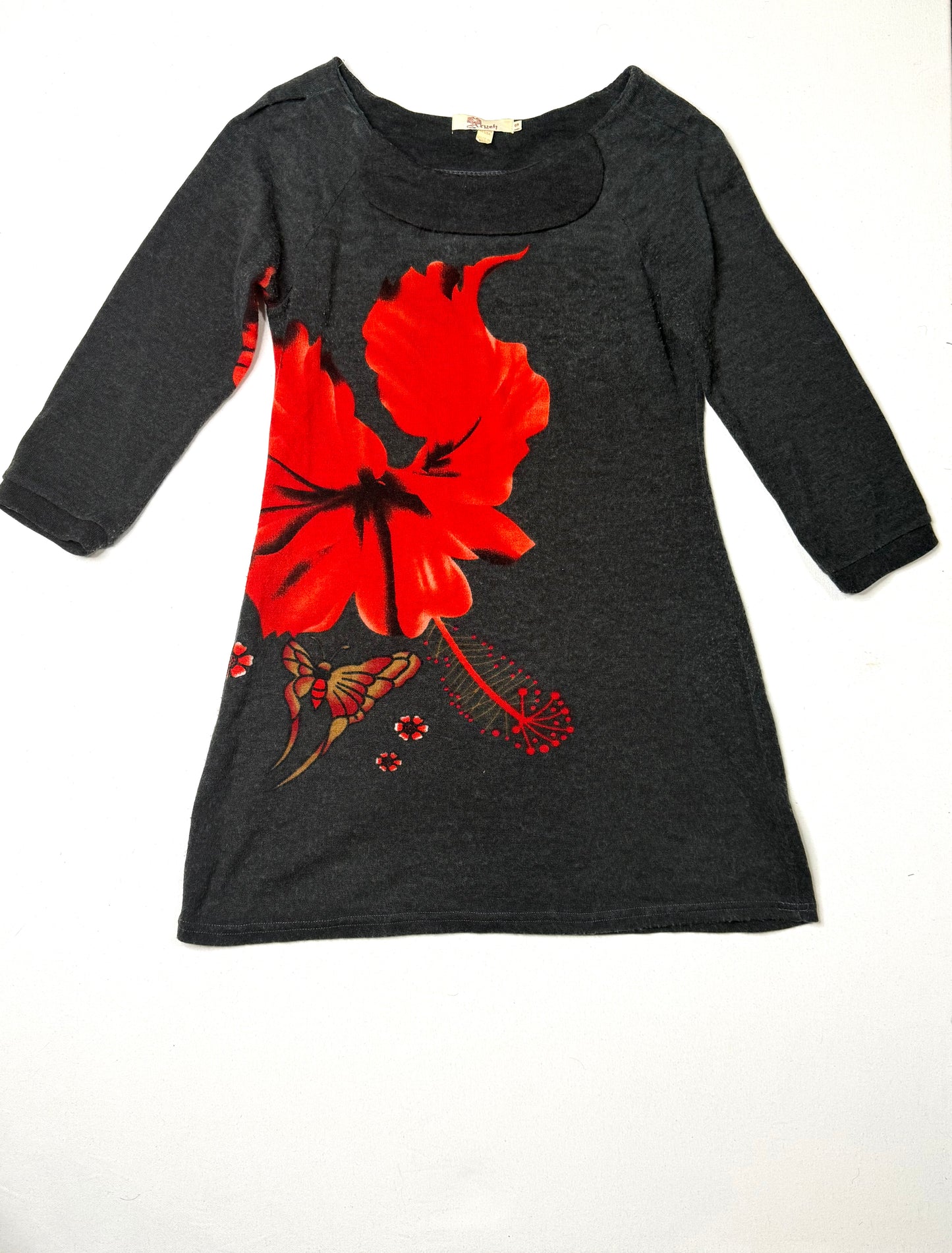 Aryeh Gray Red Hibiscus Floral Tunic Dress Size Small