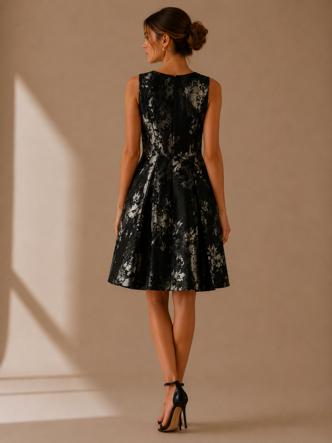 White House Black Market Black Metallic Jacquard Fit & Flare Dress Size 10 Petite NWT Cocktail Party Dress