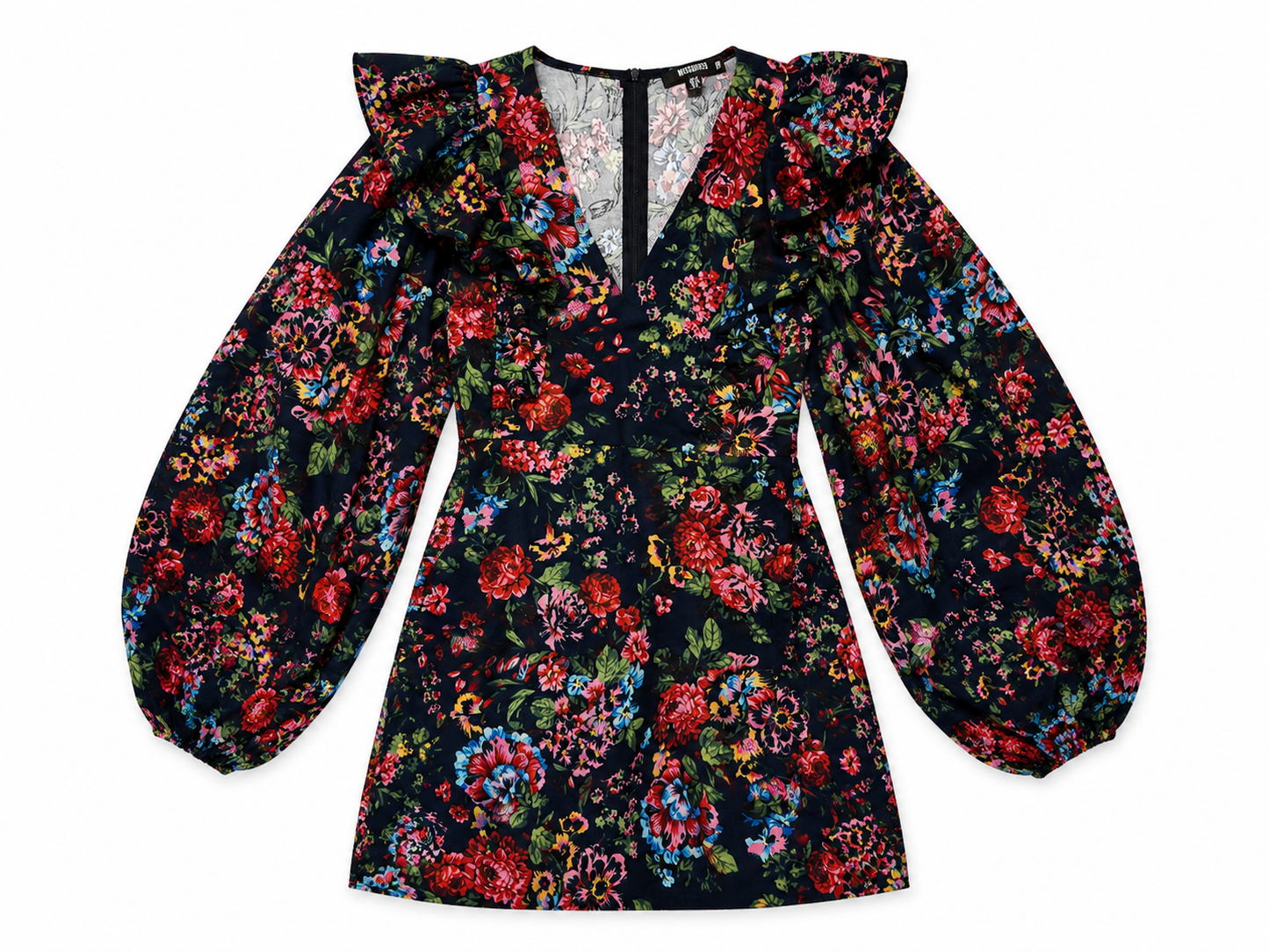 Missguided Floral Ruffle Sleeve Mini Dress Size 6 Dark Romantic Puff Sleeve Dress
