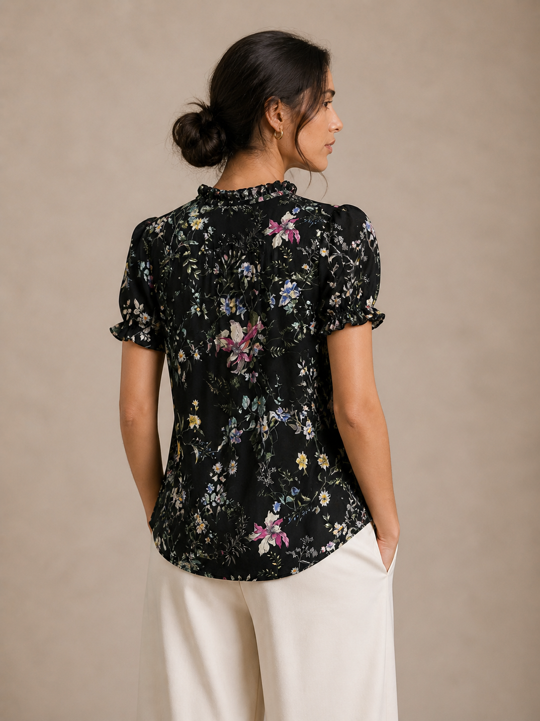 Tahari Black Floral Ruffle-Sleeve Multicolor Blouse Size Large