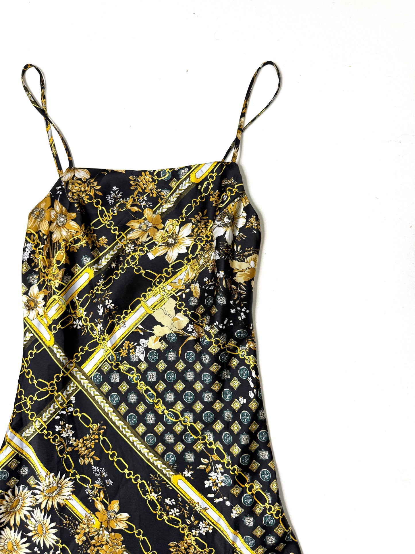 Princess Polly Black Gold Chain Floral Satin Mini Slip Dress  Y2K Baroque Party Size 2