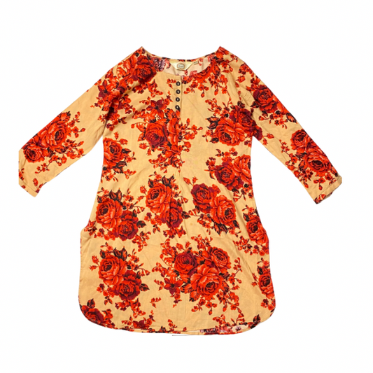 Tan & Red Floral Kurta Tunic – Long Sleeve – 100% Rayon – Size Small – Made in India