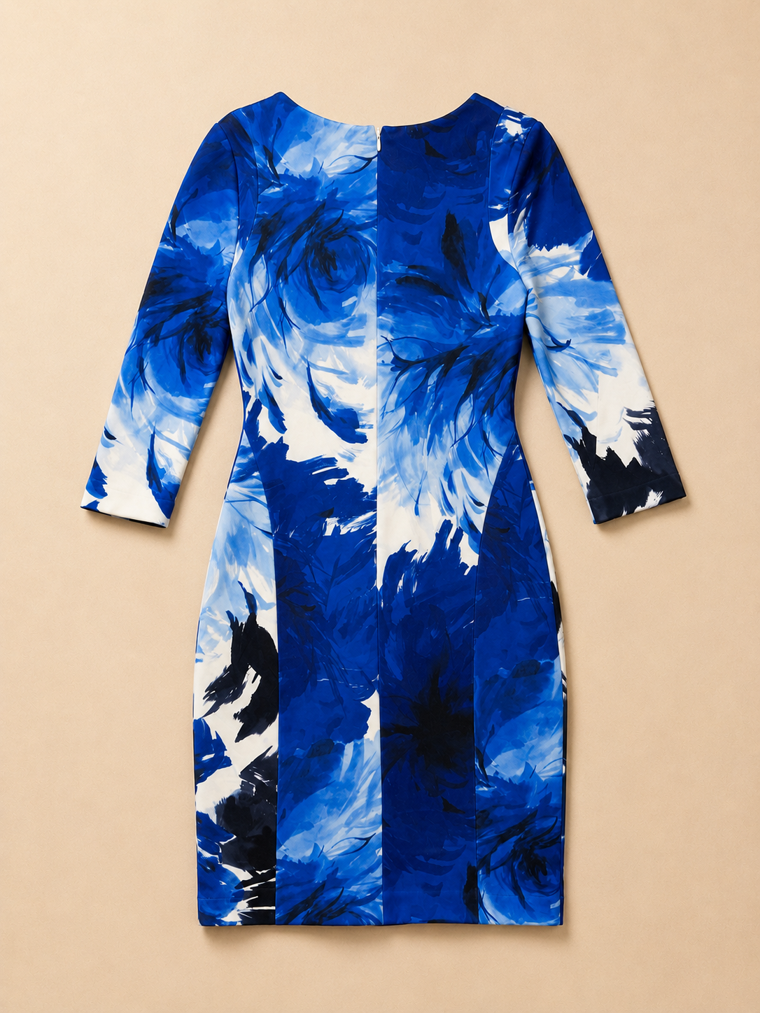 Zara Blue Floral Midi Sheath Dress Size Medium Abstract Print 3/4 Sleeve Occasion Dress