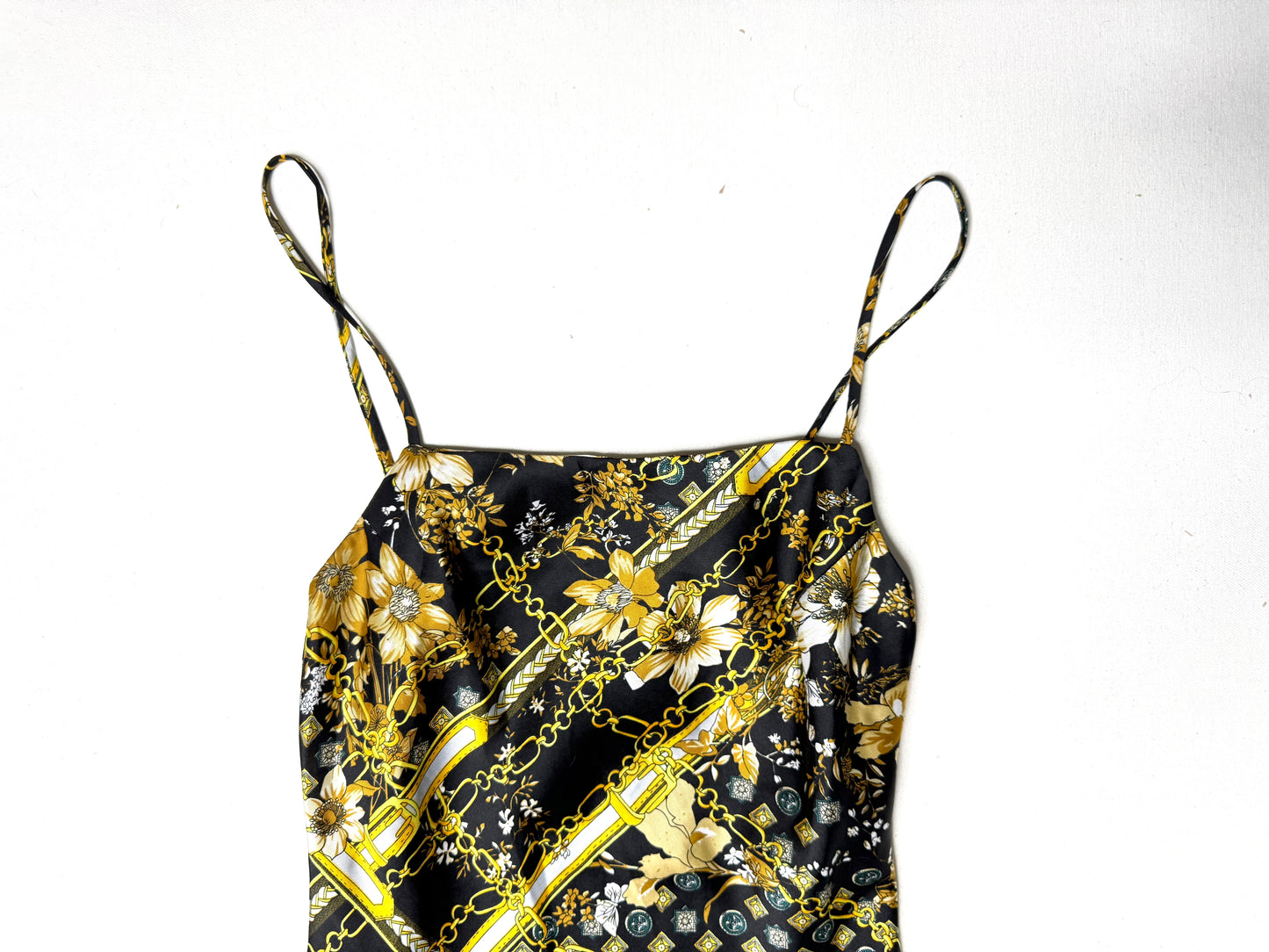 Princess Polly Black Gold Chain Floral Satin Mini Slip Dress  Y2K Baroque Party Size 2