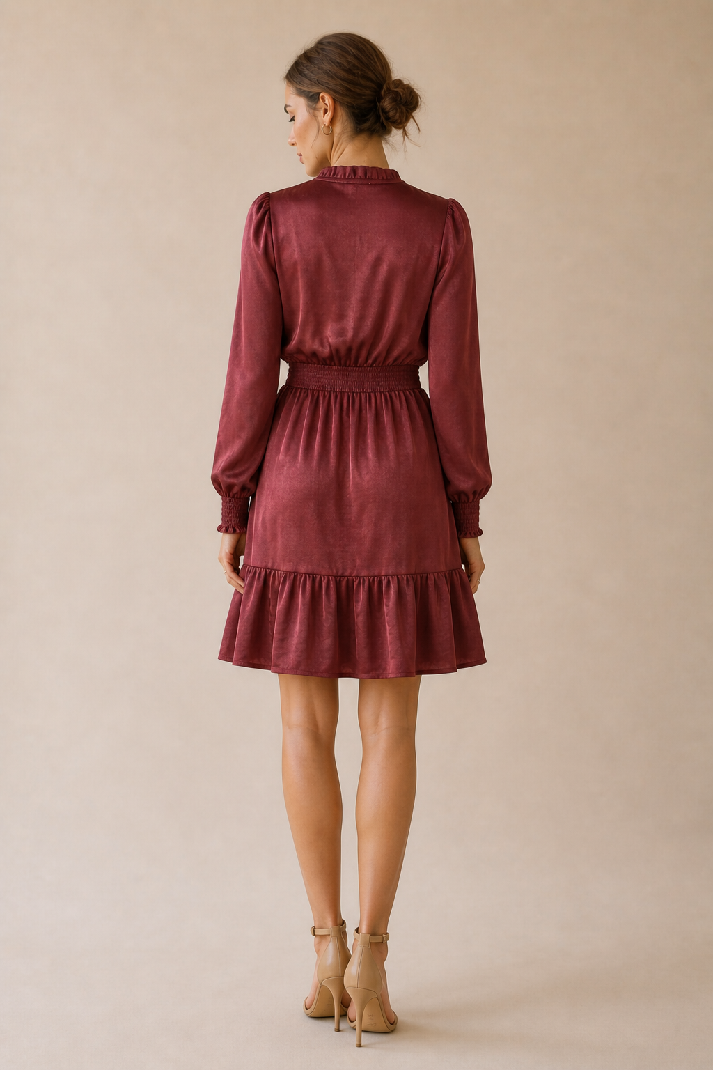 Lucky Brand Burgundy Smocked Waist Ruffle Long Sleeve Tiered  Mini Dress Sz S