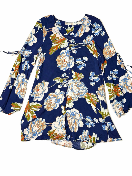 Altar’d State Blue Floral Button Front Bell Sleeve Blouse Boho Romantic Dress Size Small