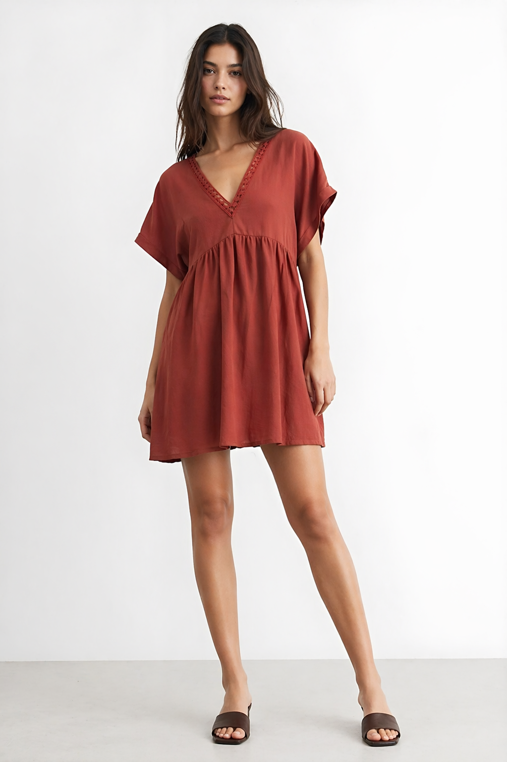 Hudson Gray Rust Orange Babydoll Dress Medium Boho V Neck Short Sleeve Mini Shift Dress