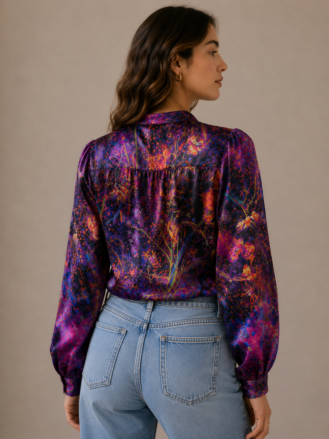 Tahari Abstract Floral Print Long Sleeve Blouse Size Large