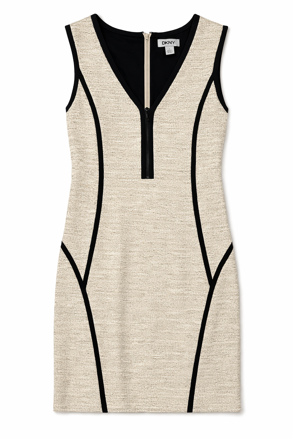 DKNY Women’s Size 4 Cream & Black Contrast Trim Sheath Bodycon Dress Zip Front