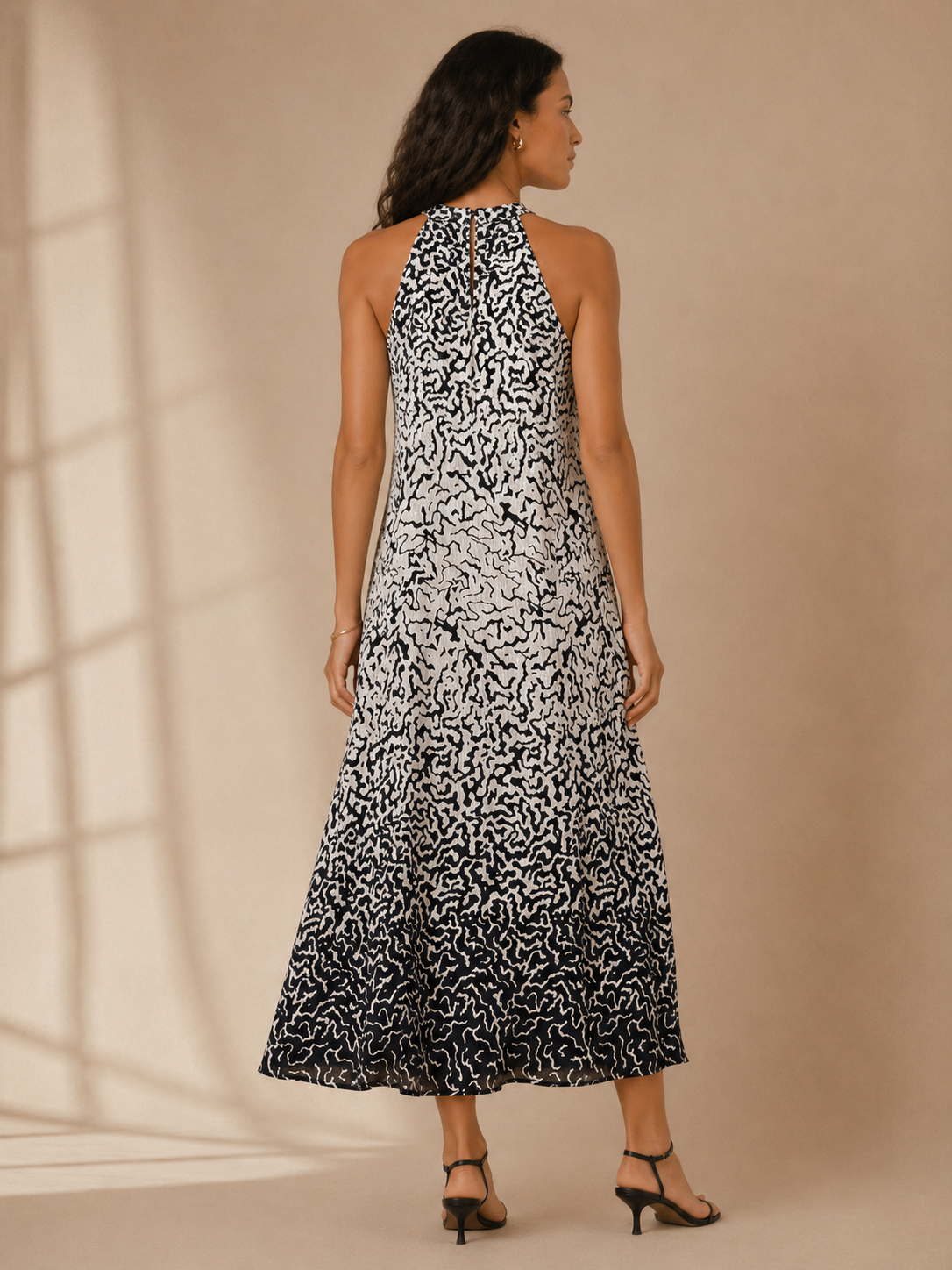 Robert Kitchen Navy and White Patterned Halter Maxi Dress Size XS