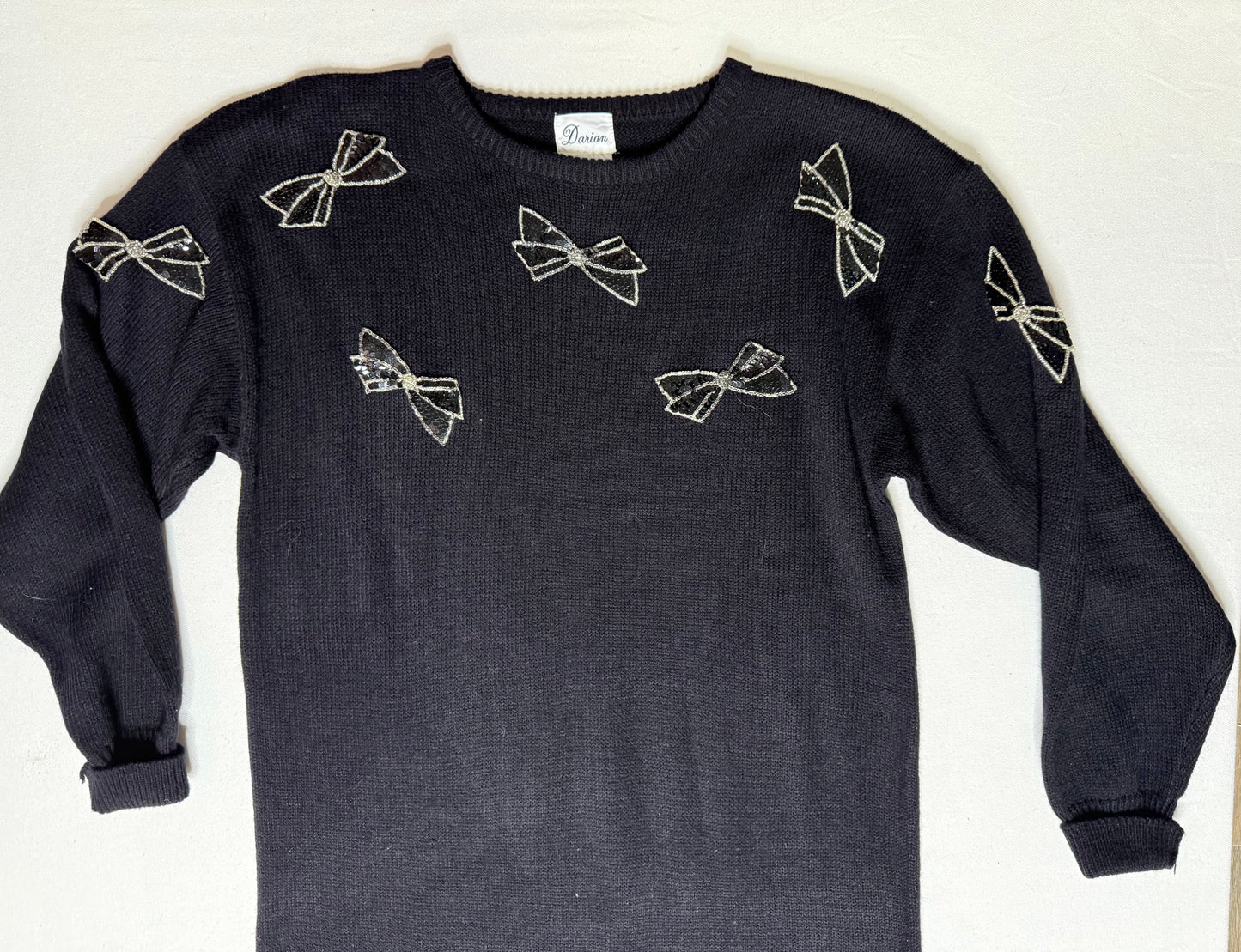 Vintage Darian Black Knit Sweater Dress w/ Silver Bow Appliqués | 1980s | Size Small