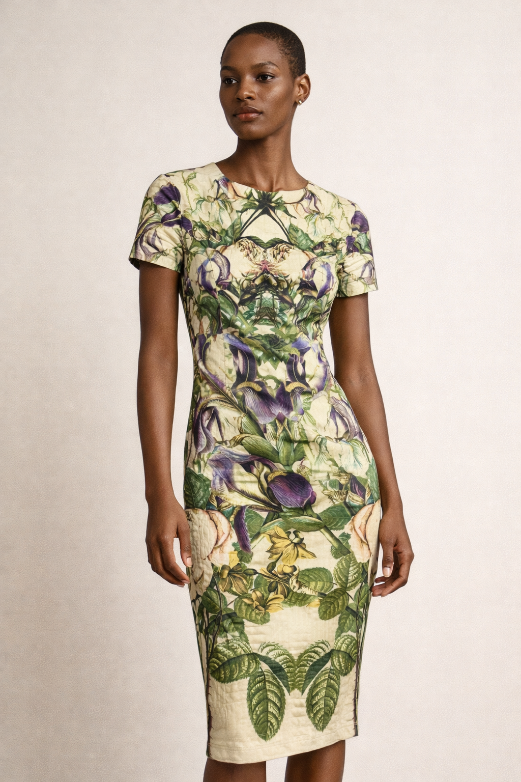 ASOS Botanical Midi  Bodycon Dress with Purple and Green Short Sleeve Sz 10